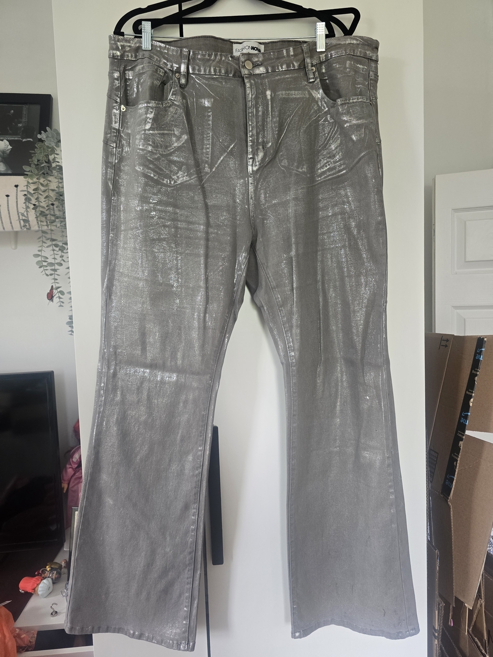 Fashion Nova Metallic Silver Flare Jeans